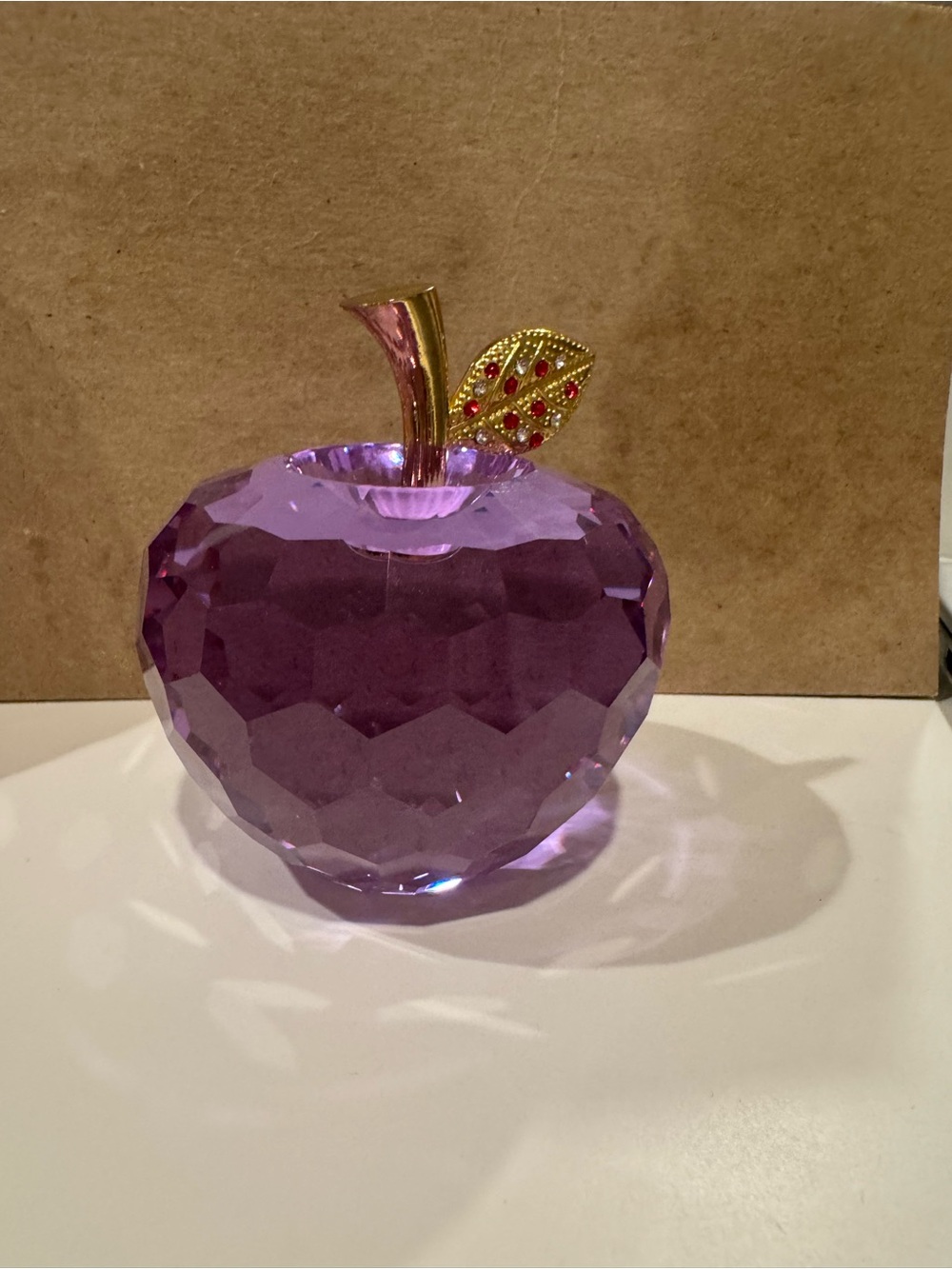 Purple Crystal Apple Decorative Figurine - Gold Stem and Leaf Accent